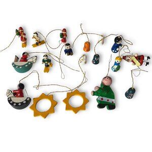 Vintage Lot Of 17 Wooden Christmas Ornaments Hand Painted Small Miniature